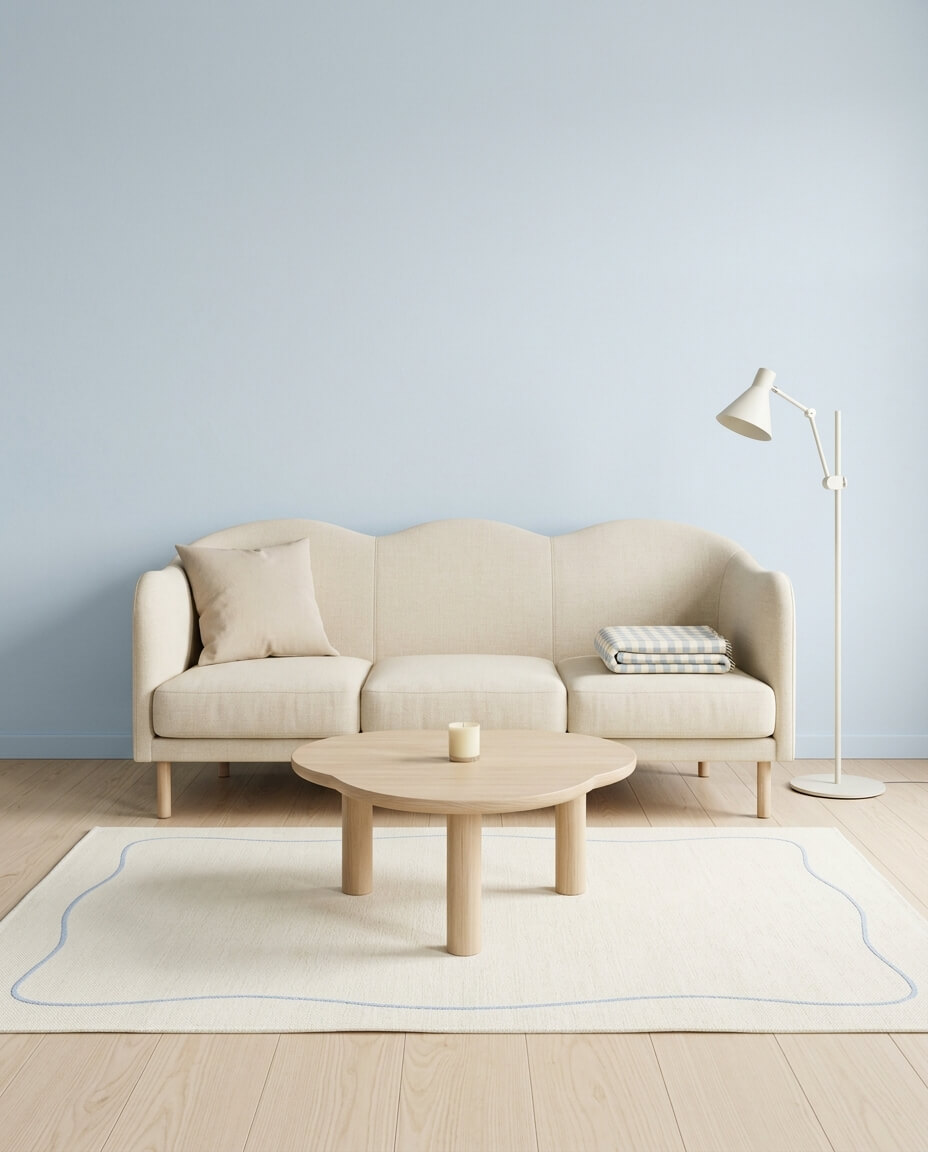 A calm room with a cream sofa, pale blue walls, and a wooden coffee table